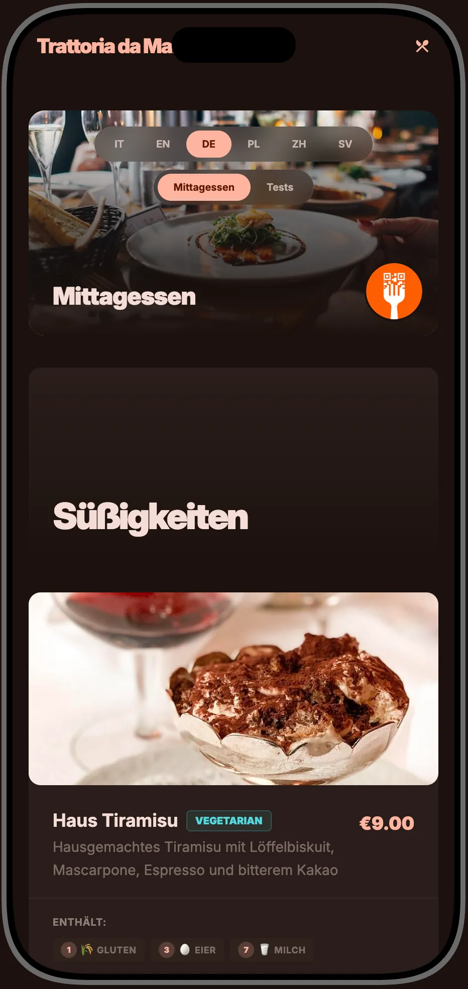 resst.io translation panel showing dish translated to English and German