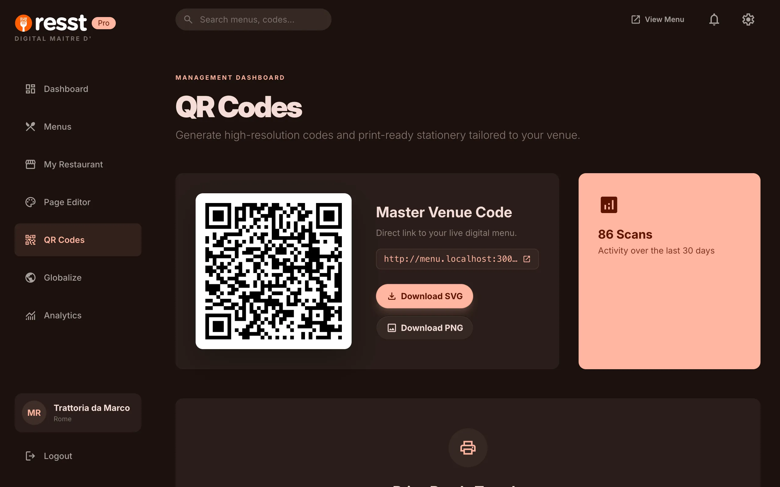 resst.io QR codes dashboard with download options and scan statistics