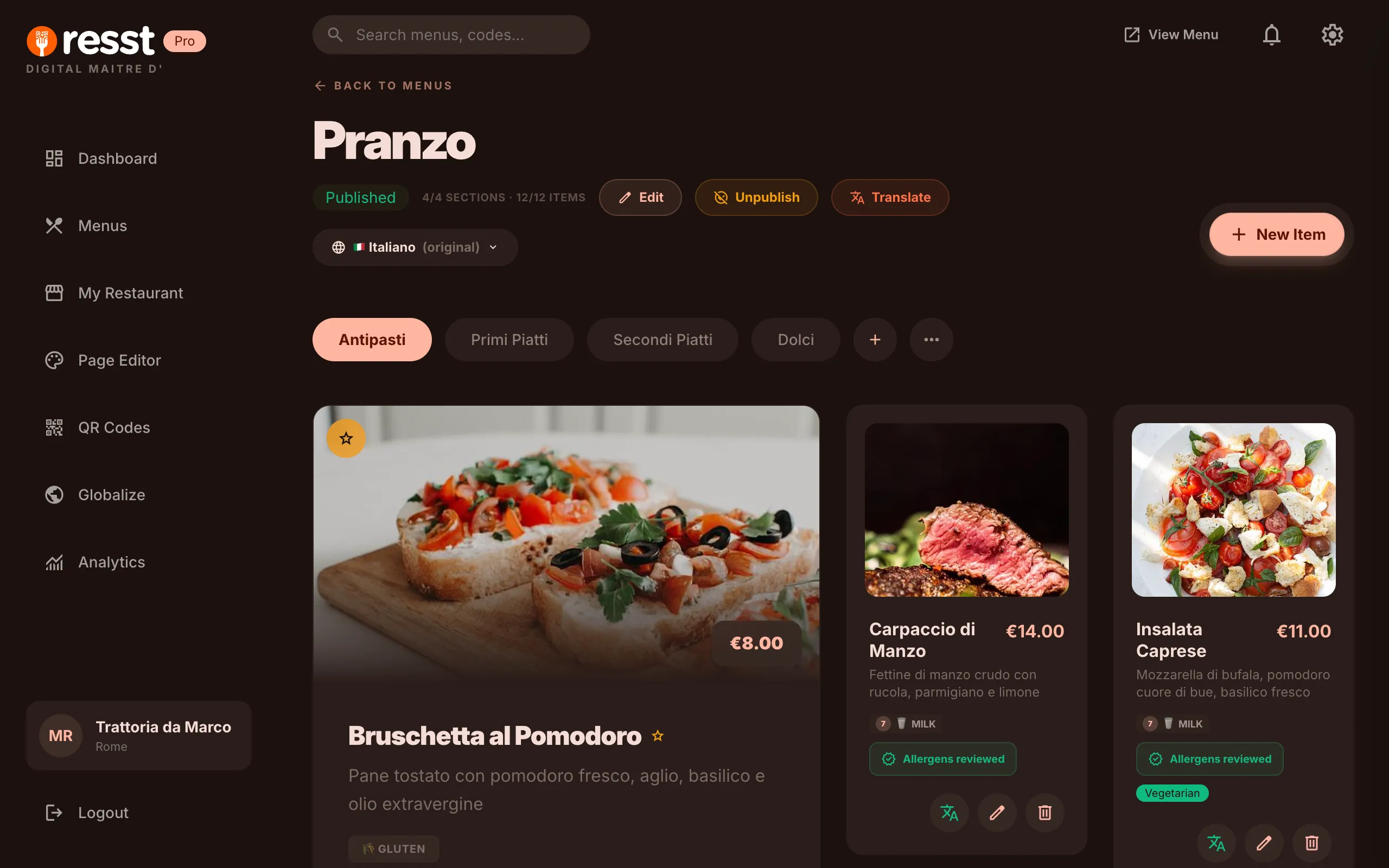 resst.io menu editor with dish photos, prices, and allergen badges